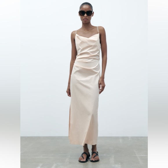 Zara DRAPED MIDI DRESS. Ecru. Size XS. NWT. - Picture 2 of 9